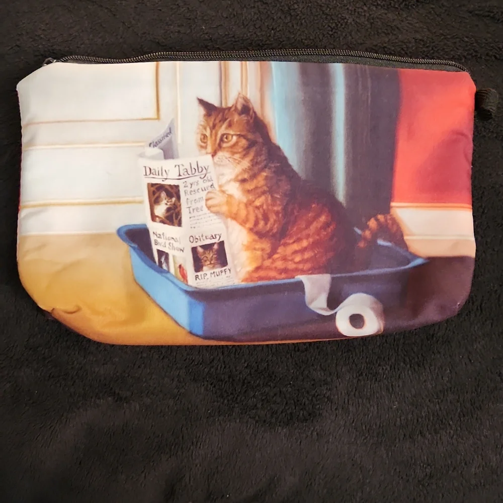 NEW- Cosmetic Bag, Storage Bag - Cat reading the newspaper
